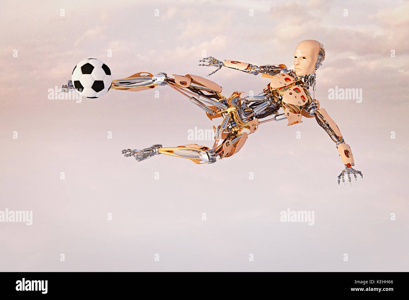Un robot qui vole le ballon de football dans le ciel Banque D'Images