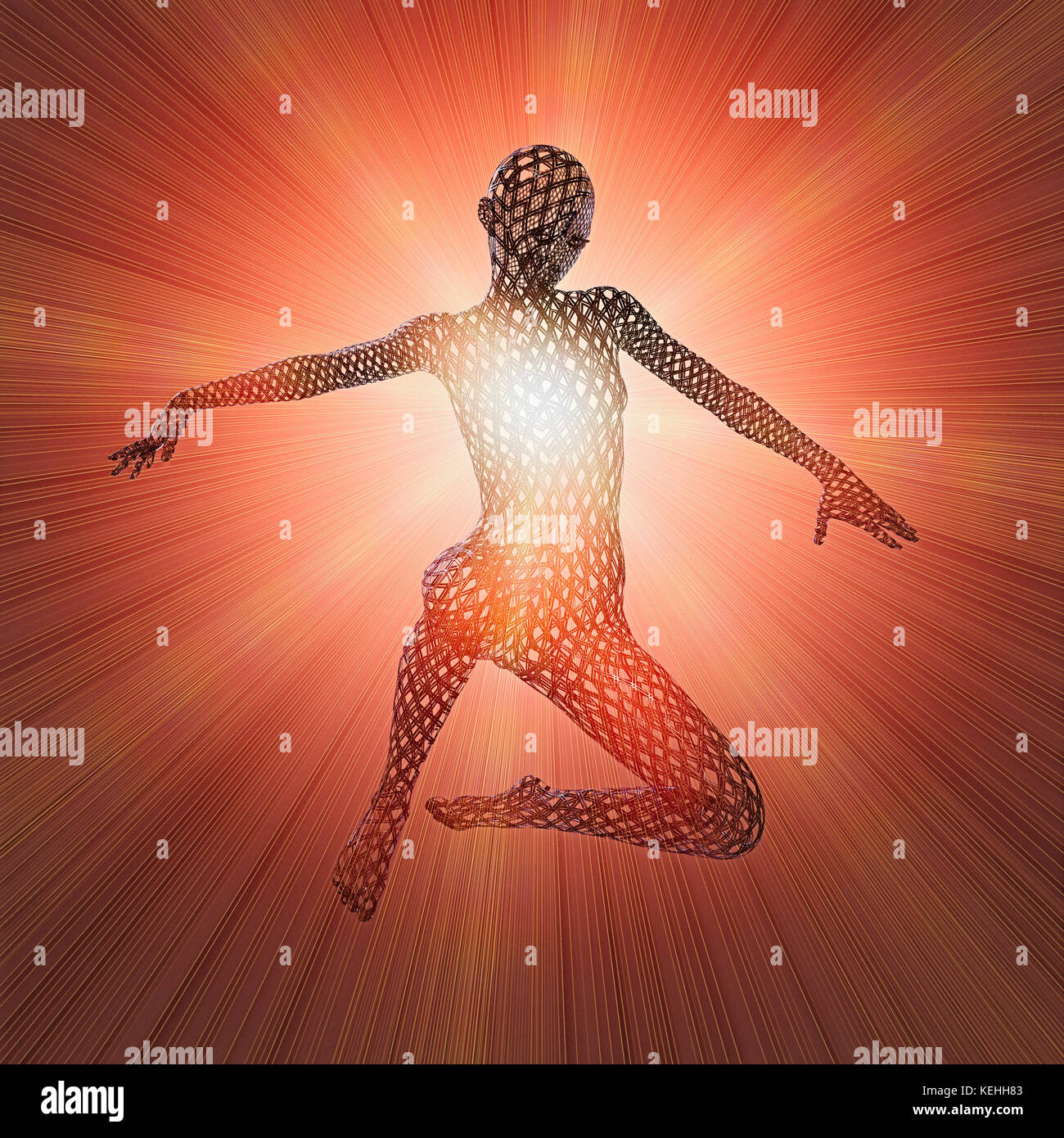 Femme futuriste flottant dans des faisceaux de lumière orange Banque D'Images