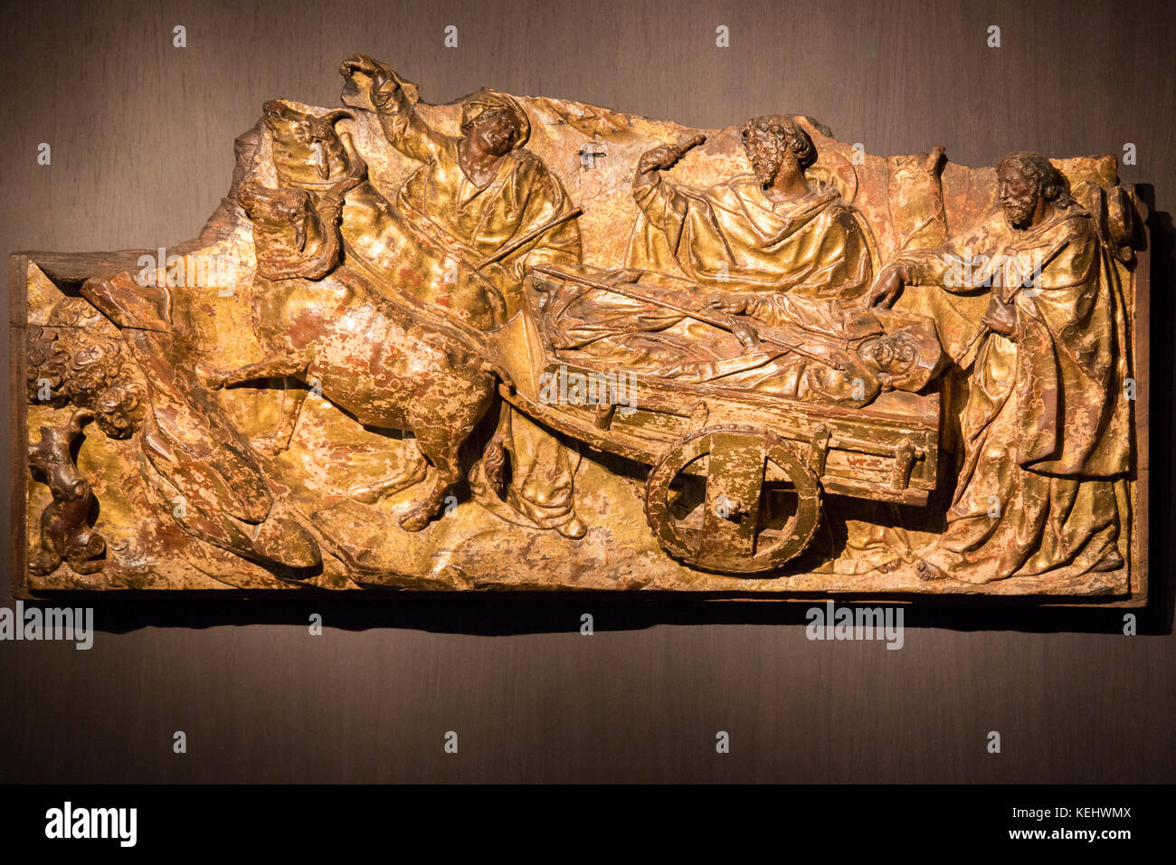 16e siècle sculpture relief sur bois par Gregorio Espanol du corps de St James, dans le musée de Santiago de Compostelle, Galice, Espagne Banque D'Images