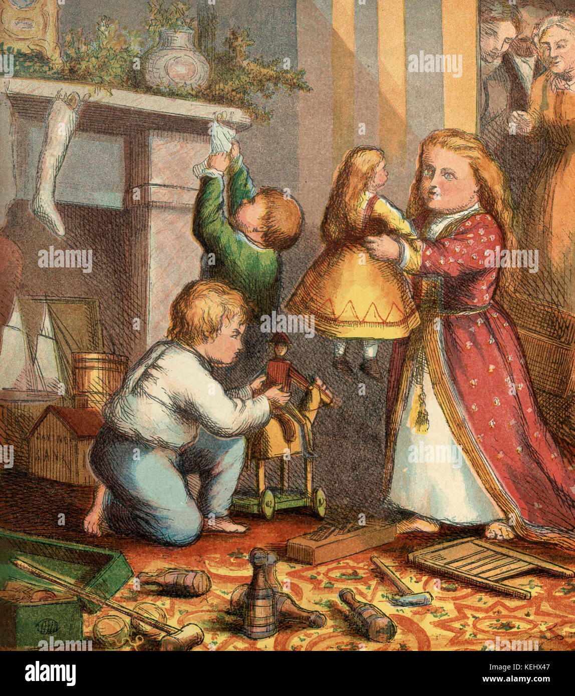 Vintage Illustration d'enfants le matin de Noël Banque D'Images