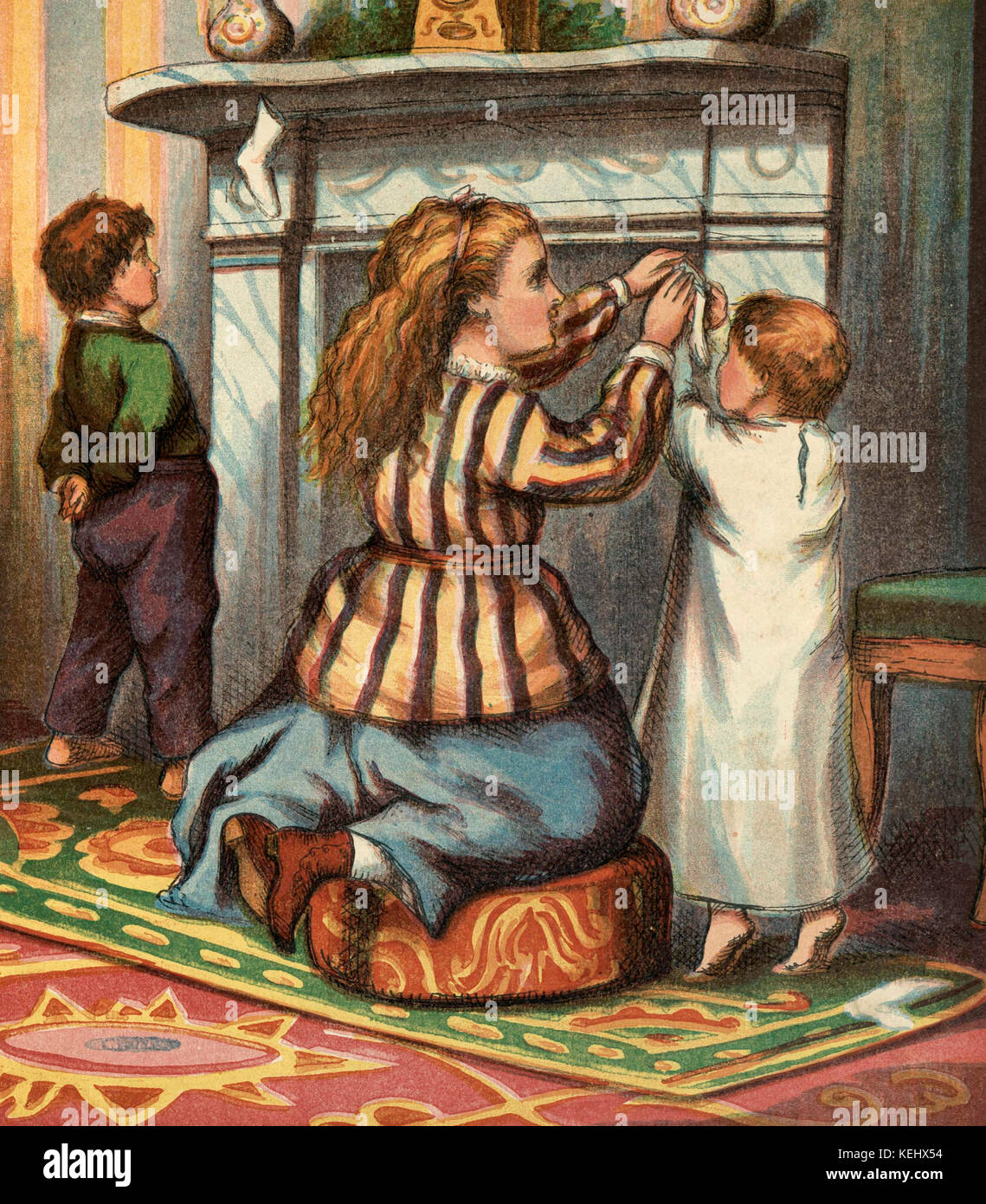 Illustration d'enfants Vintage pendaison les bas par la cheminée avec soin Banque D'Images
