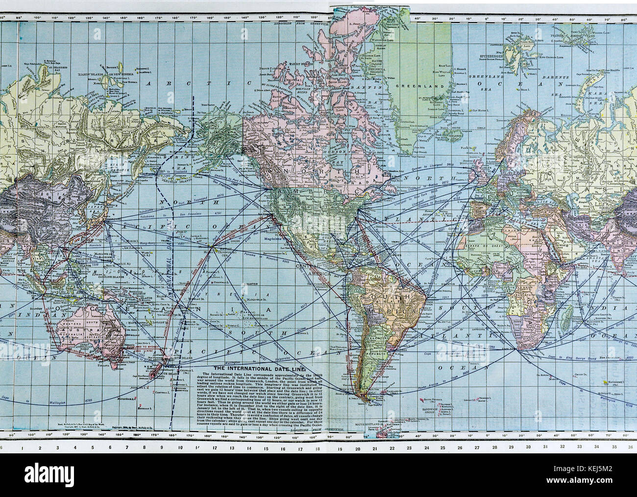 Mcnally monde antique carte montrant les routes maritimes en 1911 Banque D'Images