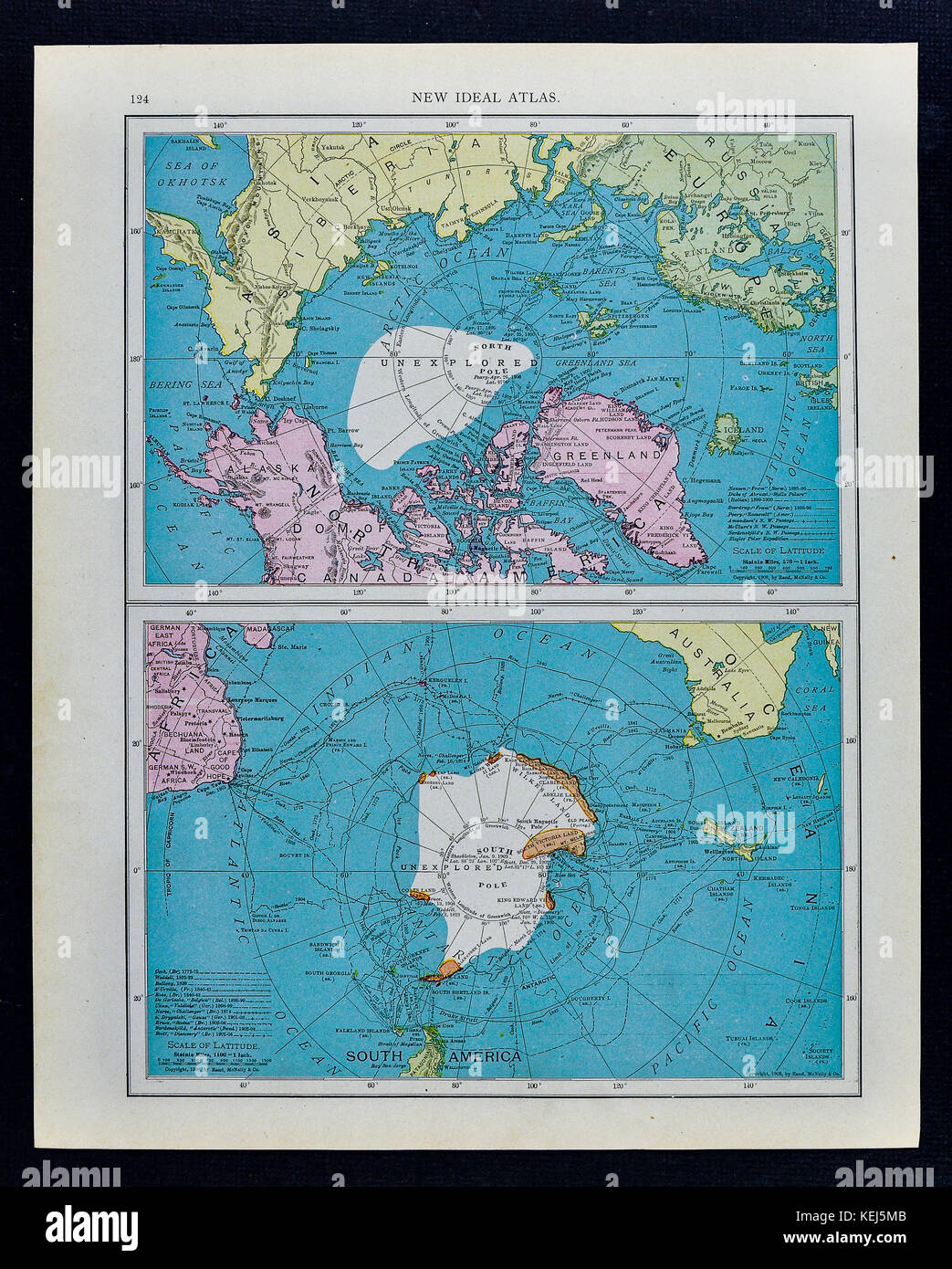 Mcnally carte antique 1911 - Pôle Sud Antarctique et l'océan arctique au pôle nord Banque D'Images