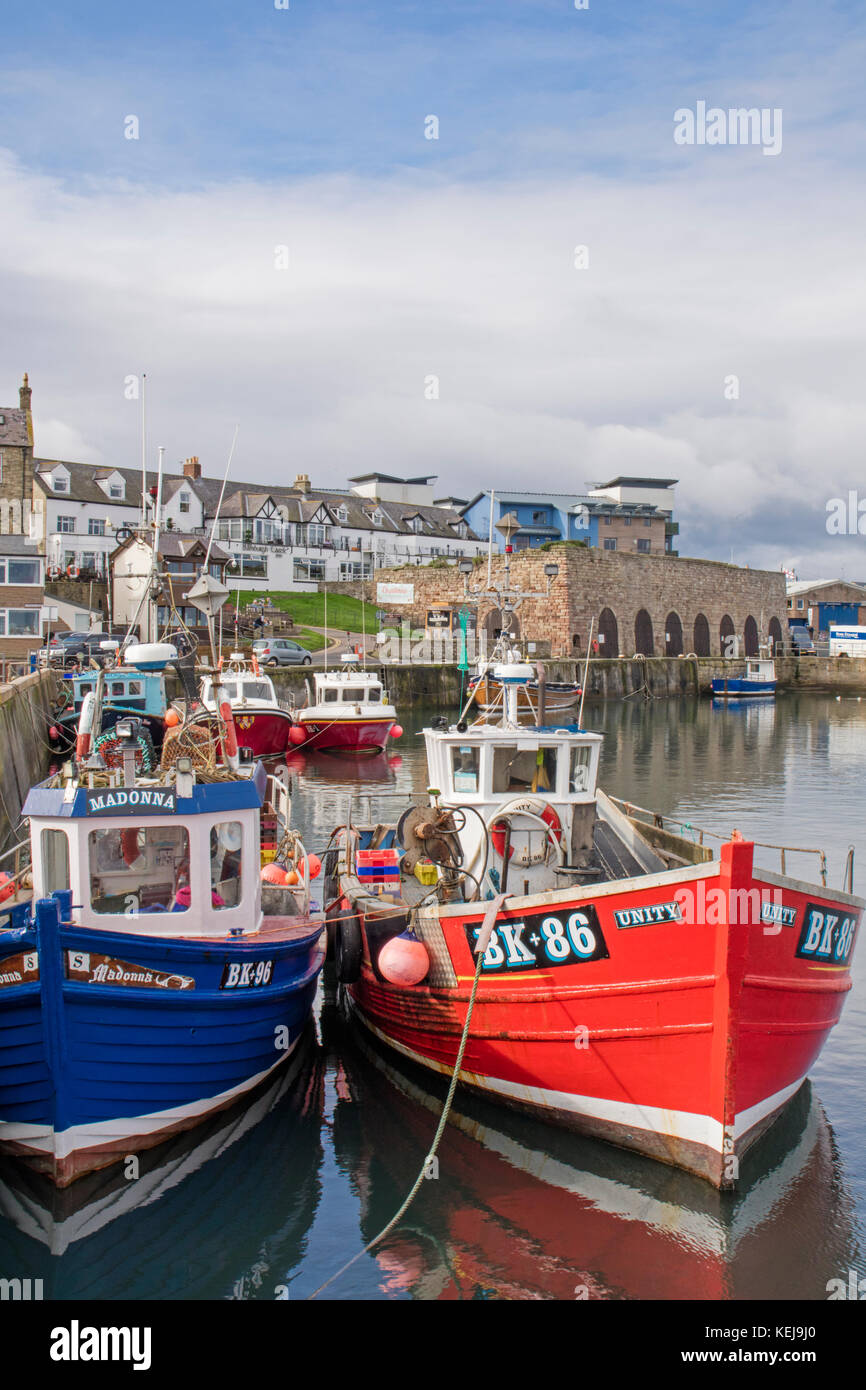 Bateaux de pêche dans le port de Seahouses sur la côte de Northumbrie, Northumberland, England, UK Banque D'Images