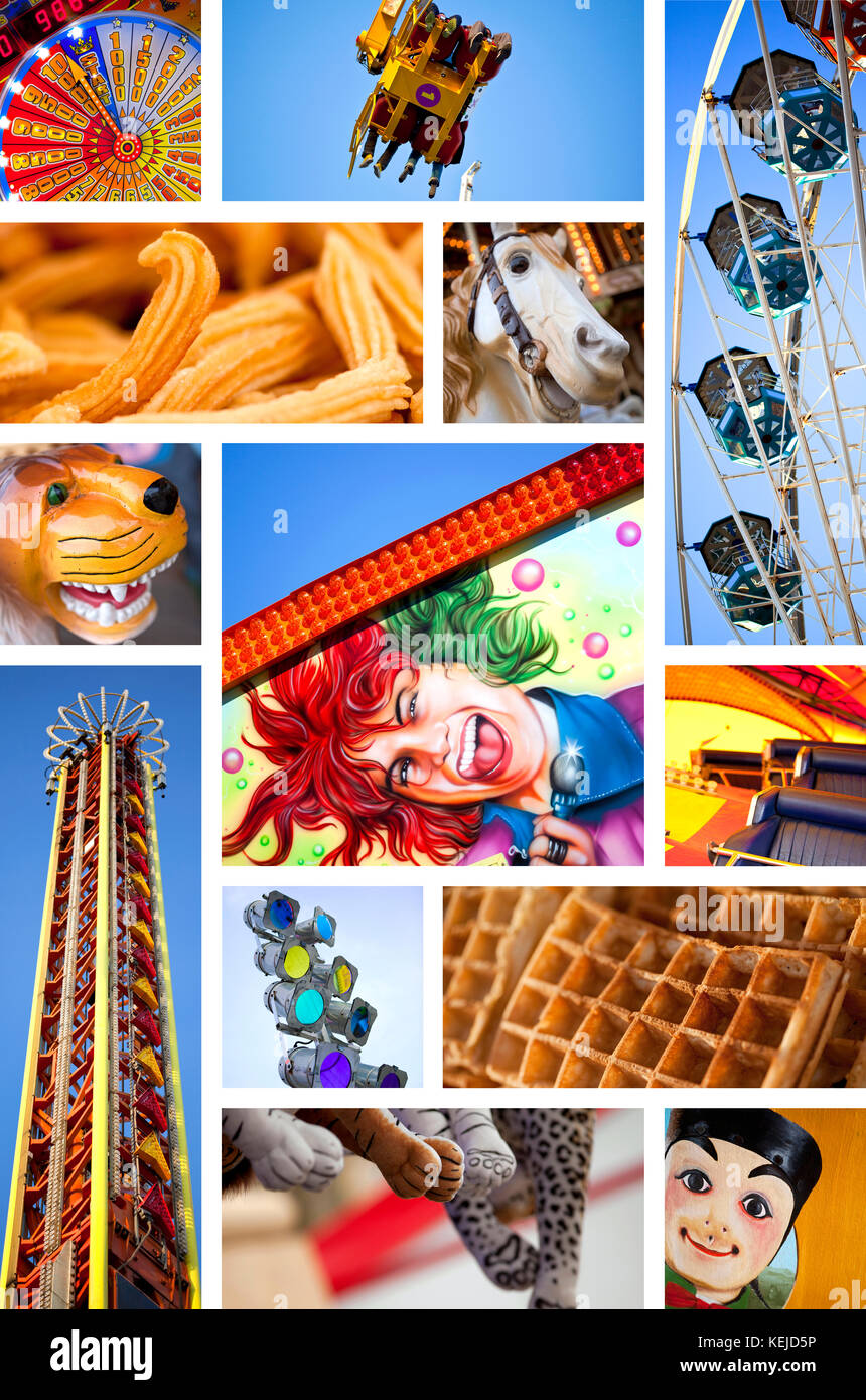 Différentes images colorées sur un collage de foire Banque D'Images