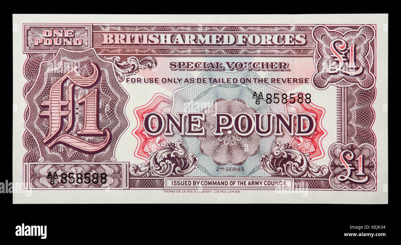 Les Forces armées britanniques publié leurs propres billets en euros entre 1946 et 1972. C'est l'avers d'un £1 note de la 2e série, émise dans les années 40 Banque D'Images