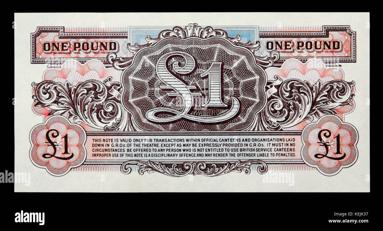 Les Forces armées britanniques publié leurs propres billets en euros entre 1946 et 1972. C'est le verso d'un £1 note de la 2e série, émise dans les années 40 Banque D'Images