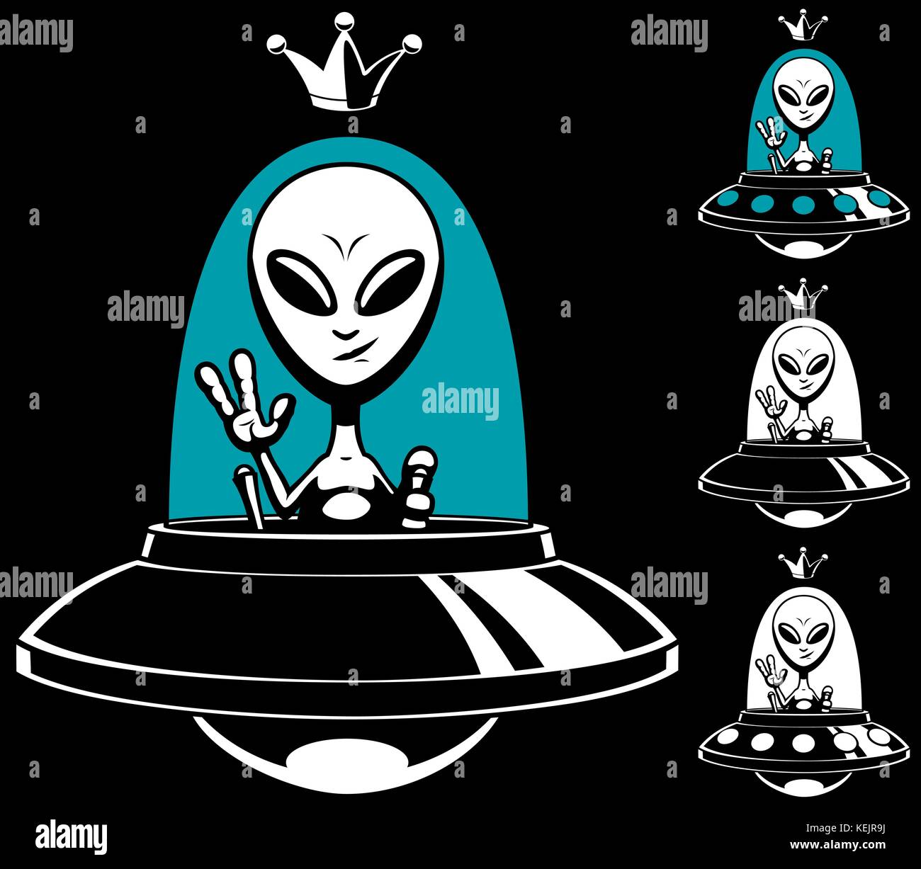 Roi alien de dessin animé dans sa soucoupe volante et en 4 versions. Illustration de Vecteur