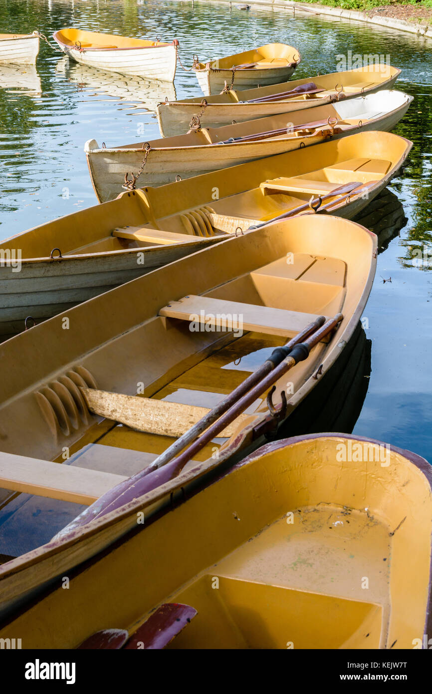Une flotte de location de chaloupes liés l'un à l'autre à la fin de la journée sur le lac inférieur dans le bois de Boulogne à Paris. Banque D'Images