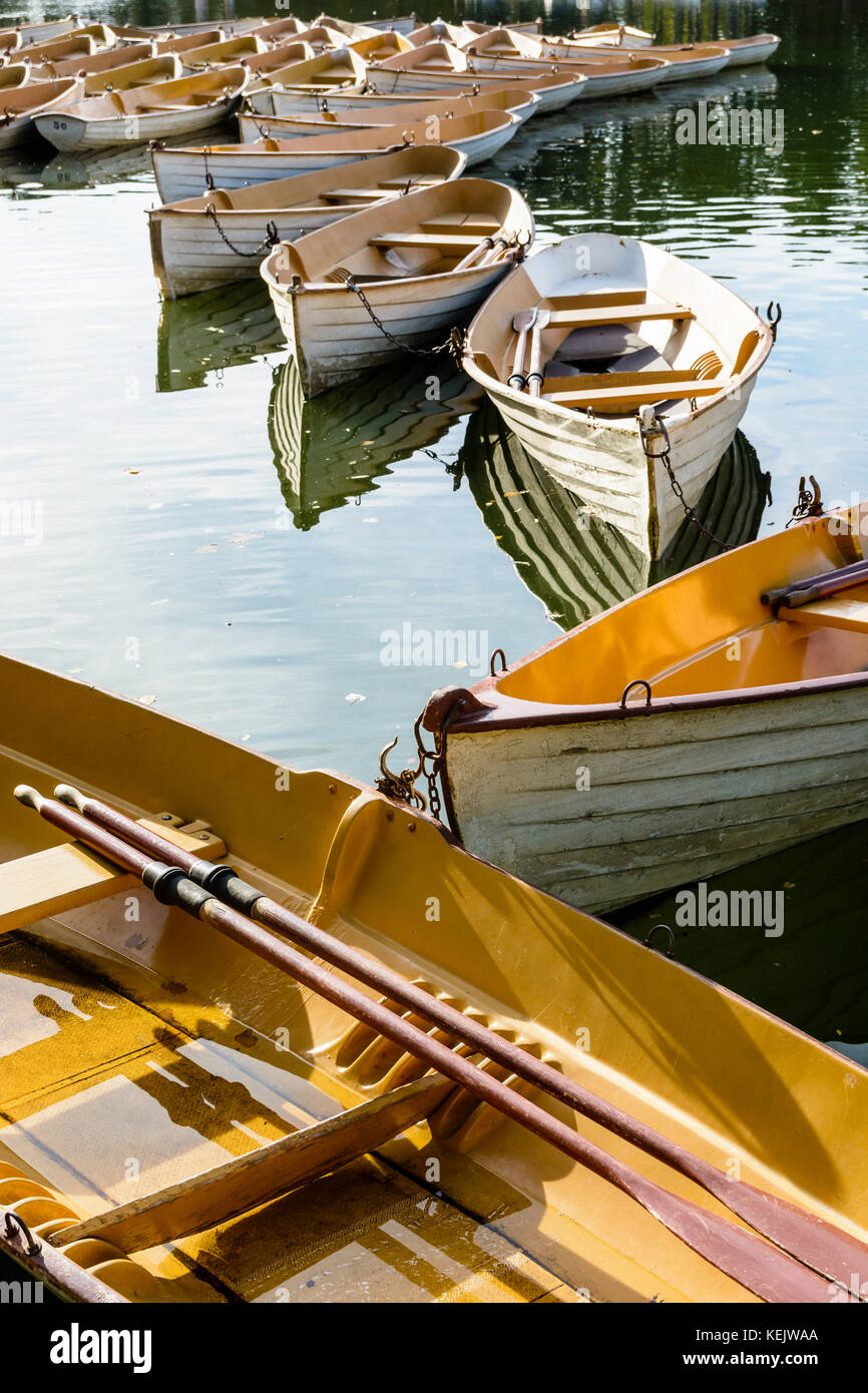 Une flotte de location de chaloupes liés l'un à l'autre à la fin de la journée sur le lac inférieur dans le bois de Boulogne à Paris. Banque D'Images