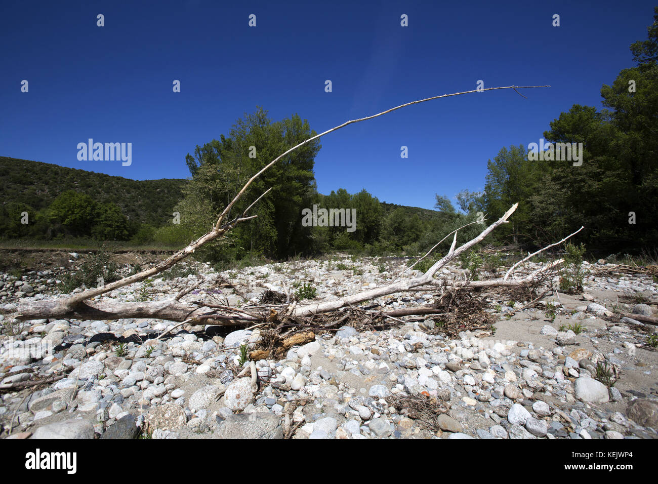 Lit de rivière Secs après la rivière Têt changé son cours, près de l'EUS, Pyrénées-Orientales, France Banque D'Images