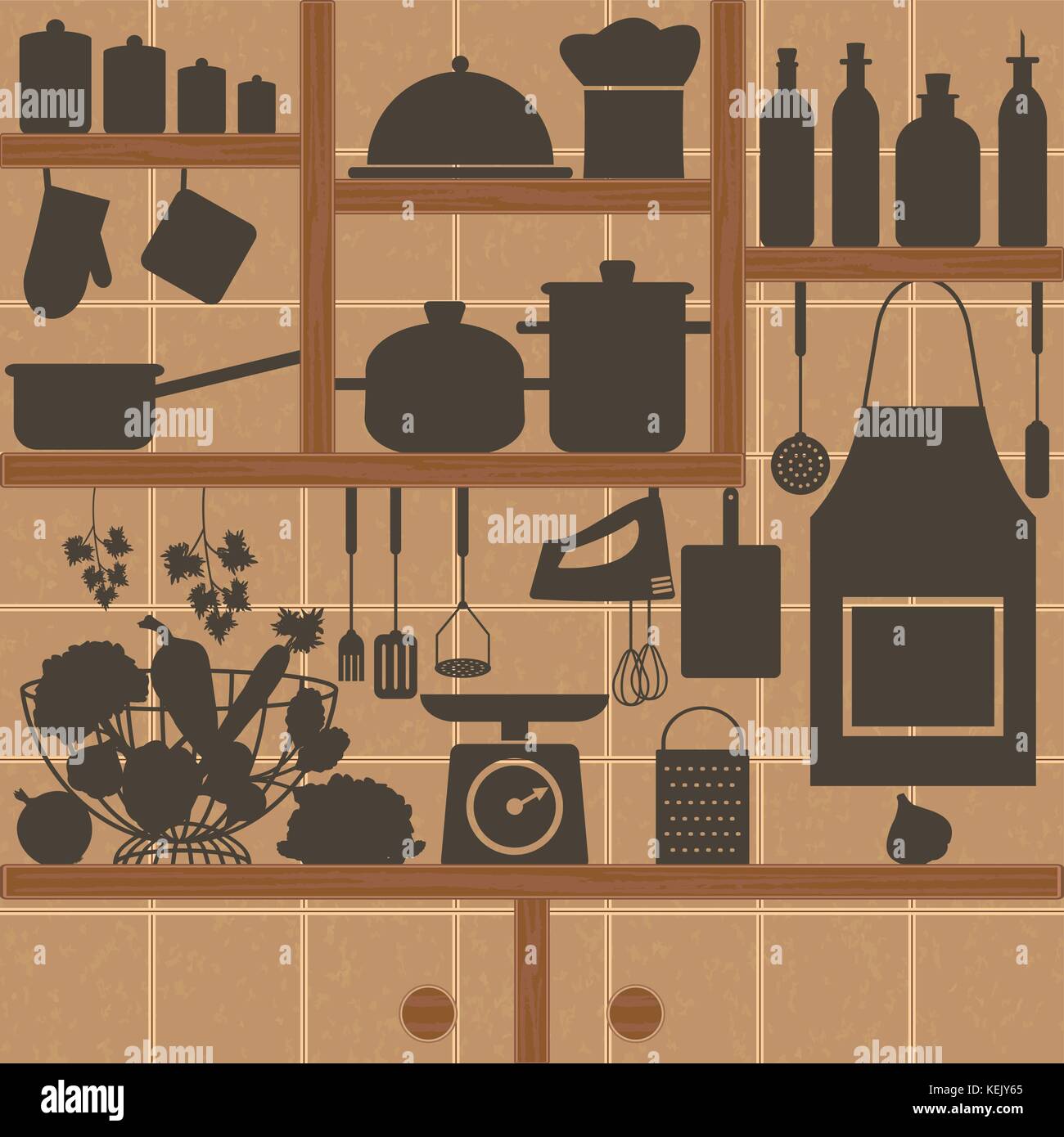 Restaurant et cuisine d'ossature des icônes sur mur carrelé. Illustration de Vecteur