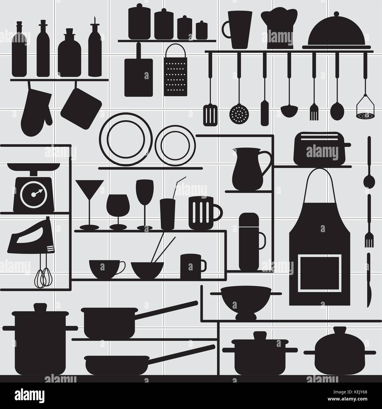 Restaurant et cuisine d'ossature des icônes sur mur carrelé gris. Illustration de Vecteur