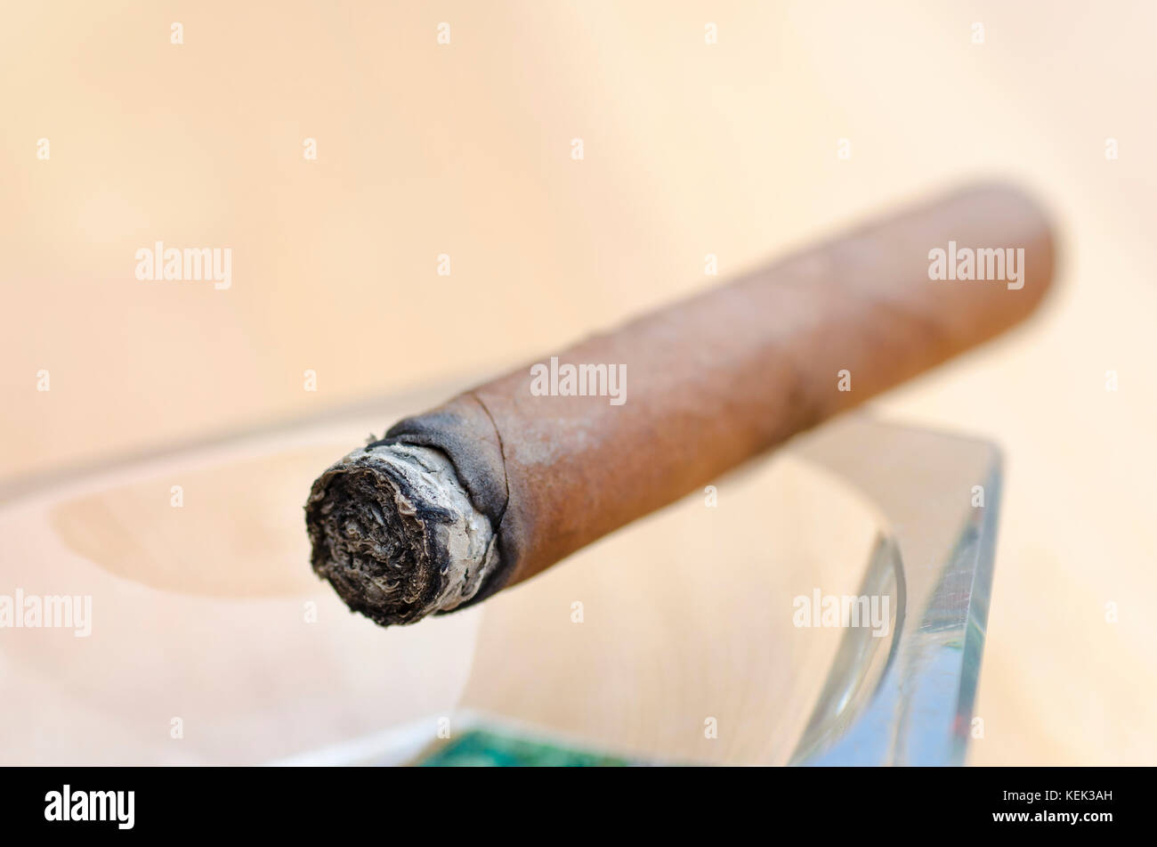 Photo en gros plan d'un cigare dans un cendrier en verre avec un arrière-plan flou Banque D'Images