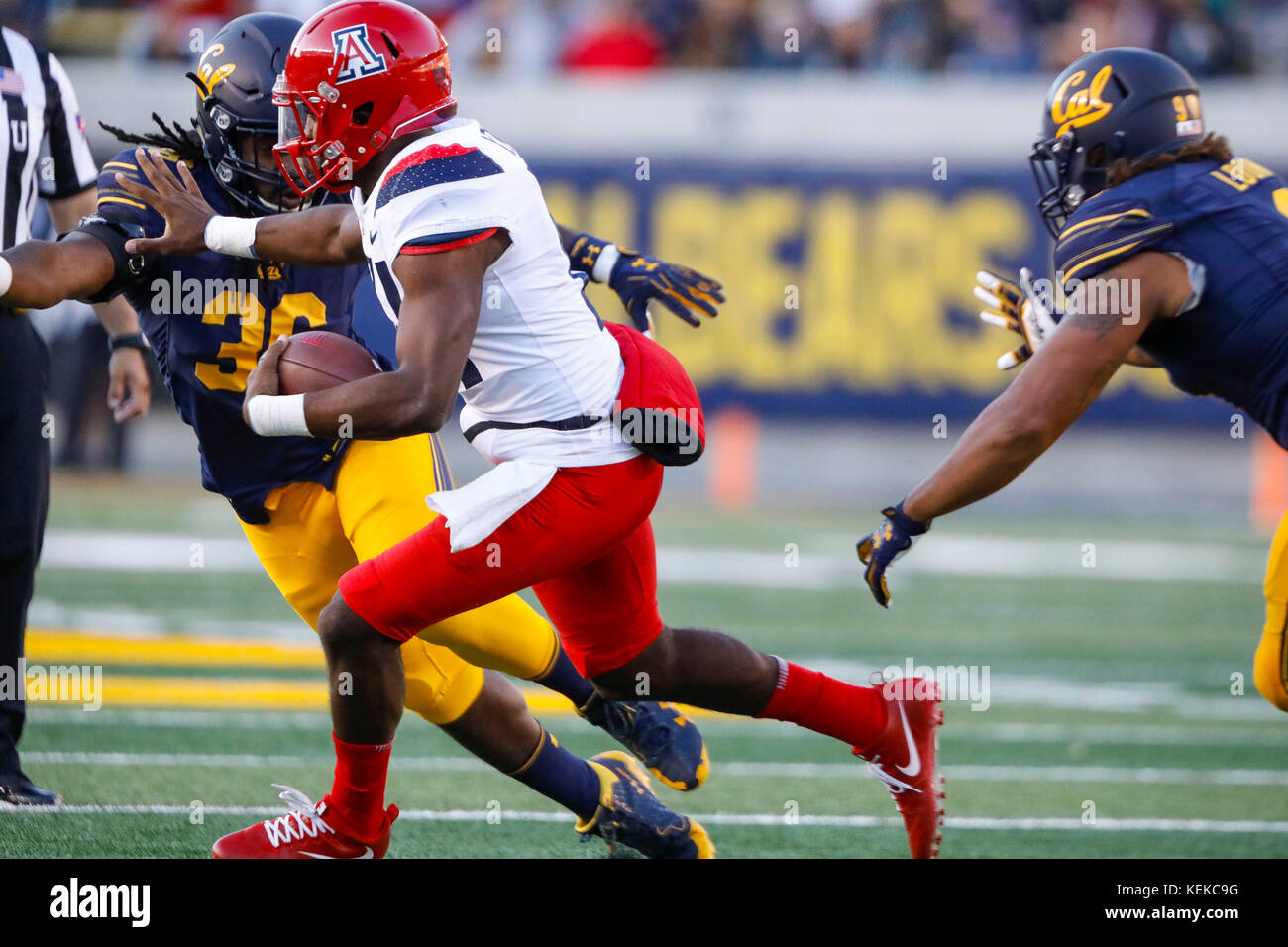 21 octobre 2017 - Berkeley, Californie, USA - Arizona QB Khalil Tate bras raide une Cal defender sur 76 verges pour marquer le premier touchdown de l'Arizona en NCAA football action à UC Berkeley, California Memorial Stadium, avec la visite des Wildcats de l'Arizona California Golden Bears. Arizona a gagné le match 45-44 (crédit Image : © Seth Riskin via Zuma sur le fil) Banque D'Images