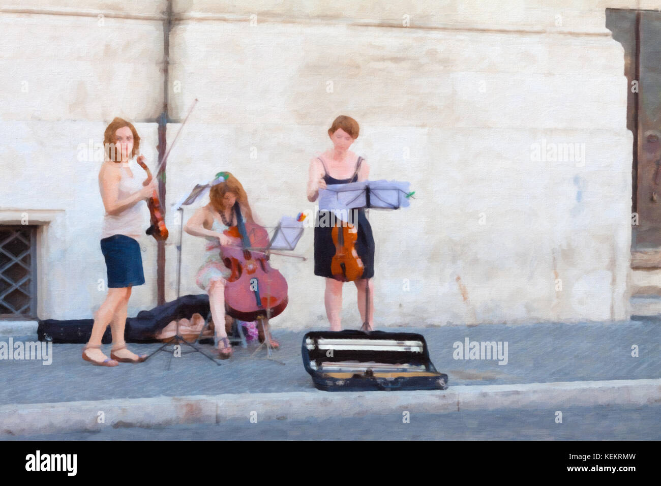 Image style de peinture à l'huile de trois filles jouant dans la rue Banque D'Images