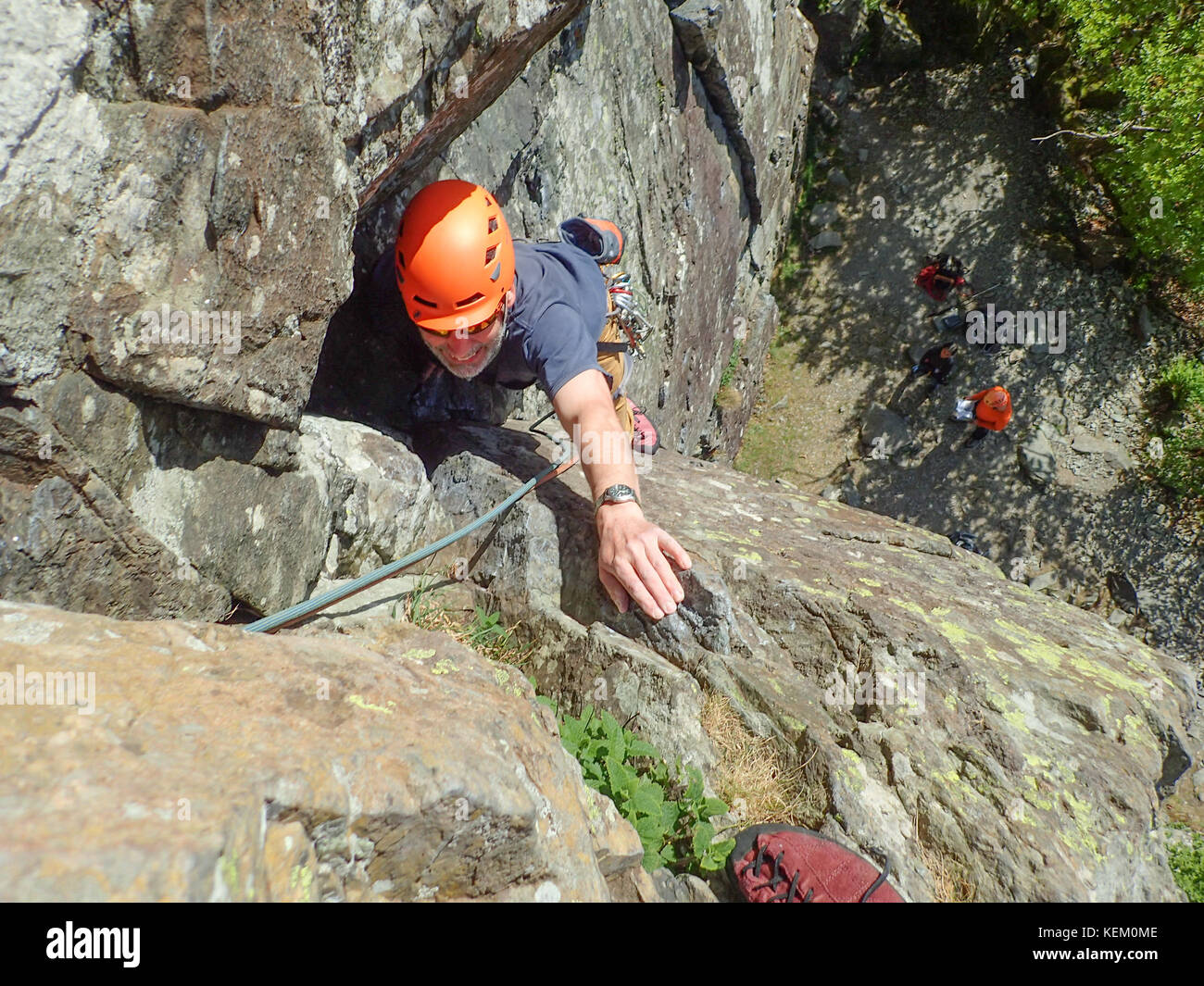 Fisher's Folly escalade, un classique très grave escalade à Shepherd's crag in borrowdale, parc national de lake District, Cumbria, Angleterre Banque D'Images