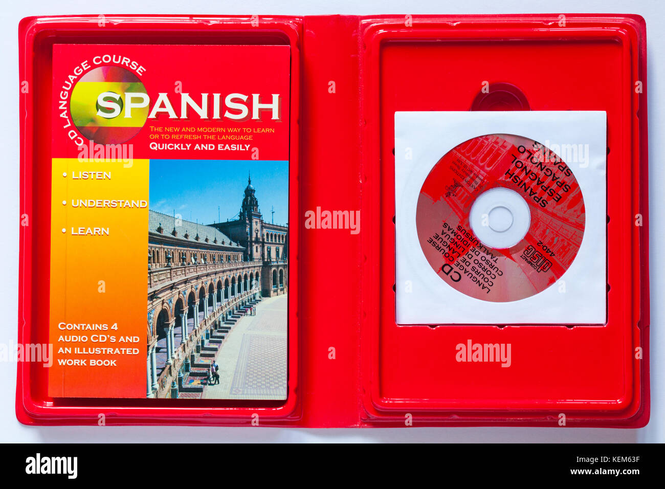 CD d'espagnol Cours de langue contient 4 CD audio et un livre illustré, isolé sur fond blanc Banque D'Images