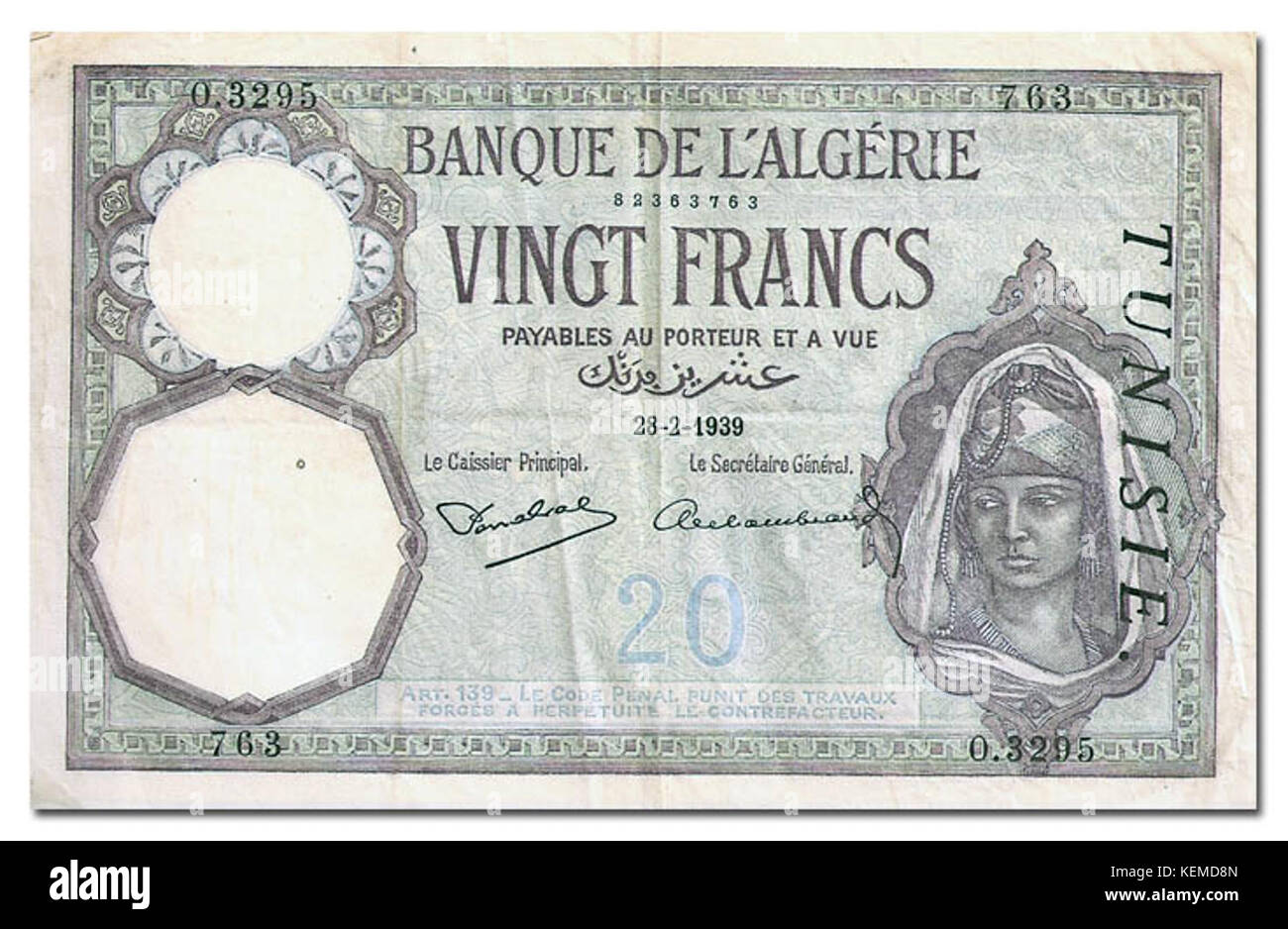Une pièce de 1939 vingt francs algériens marquée 'A', représentant la monnaie coloniale française utilisée en Algérie avant l'indépendance. Banque D'Images