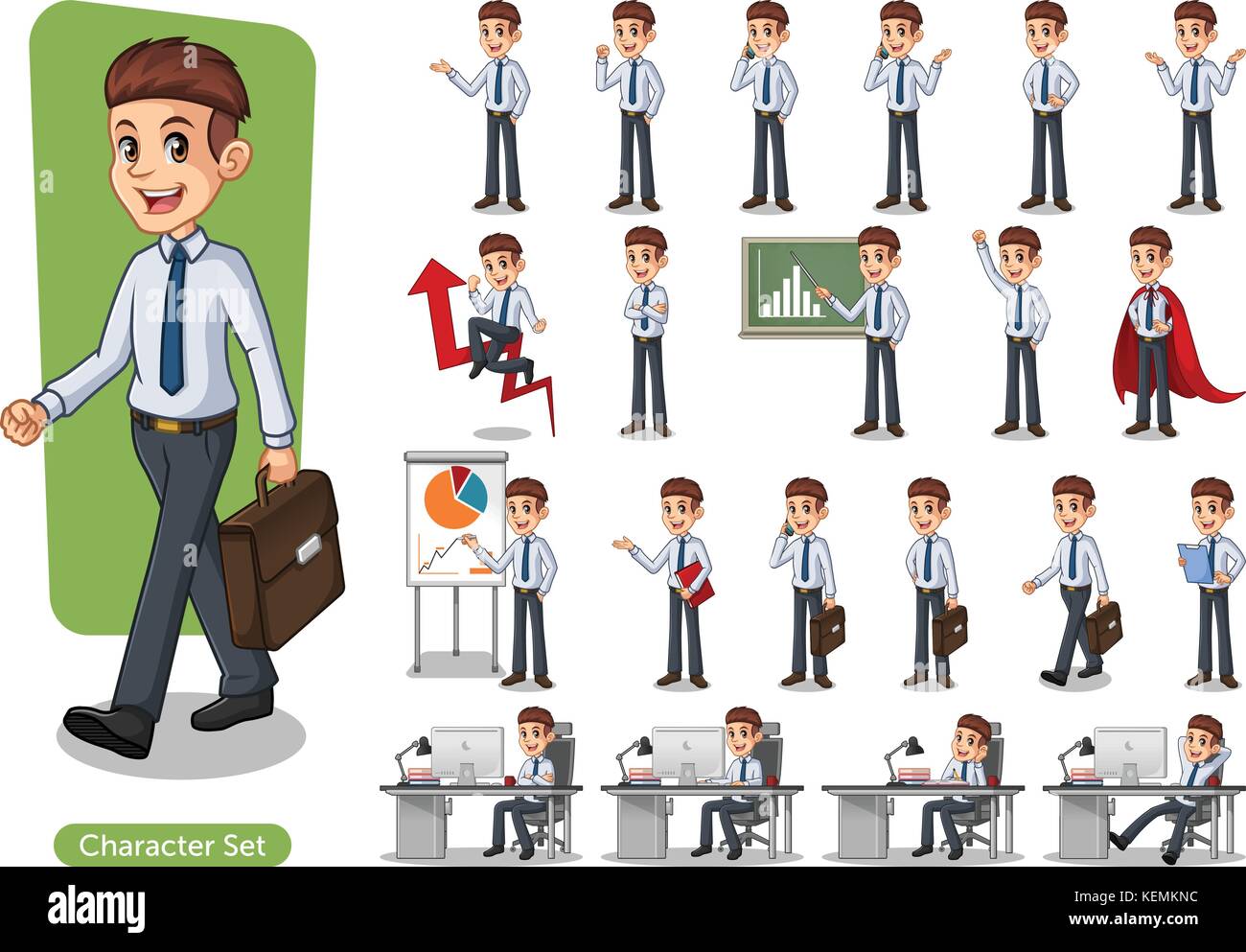 Ensemble de businessman personnage avec différentes poses, isolé contre l'arrière-plan blanc. Illustration de Vecteur