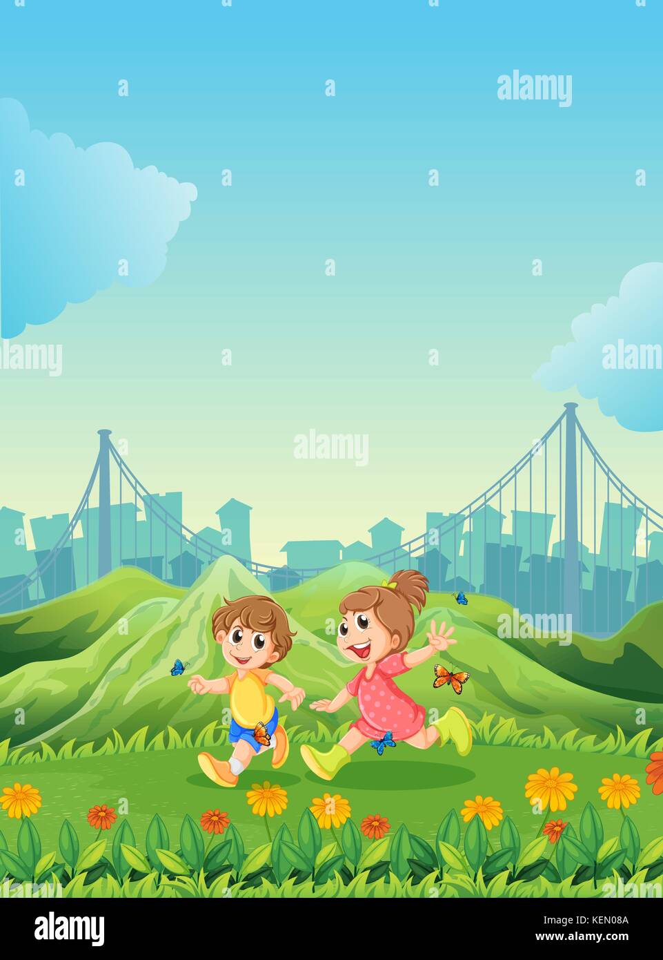 Illustration des deux adorables enfants jouant avec les papillons Illustration de Vecteur
