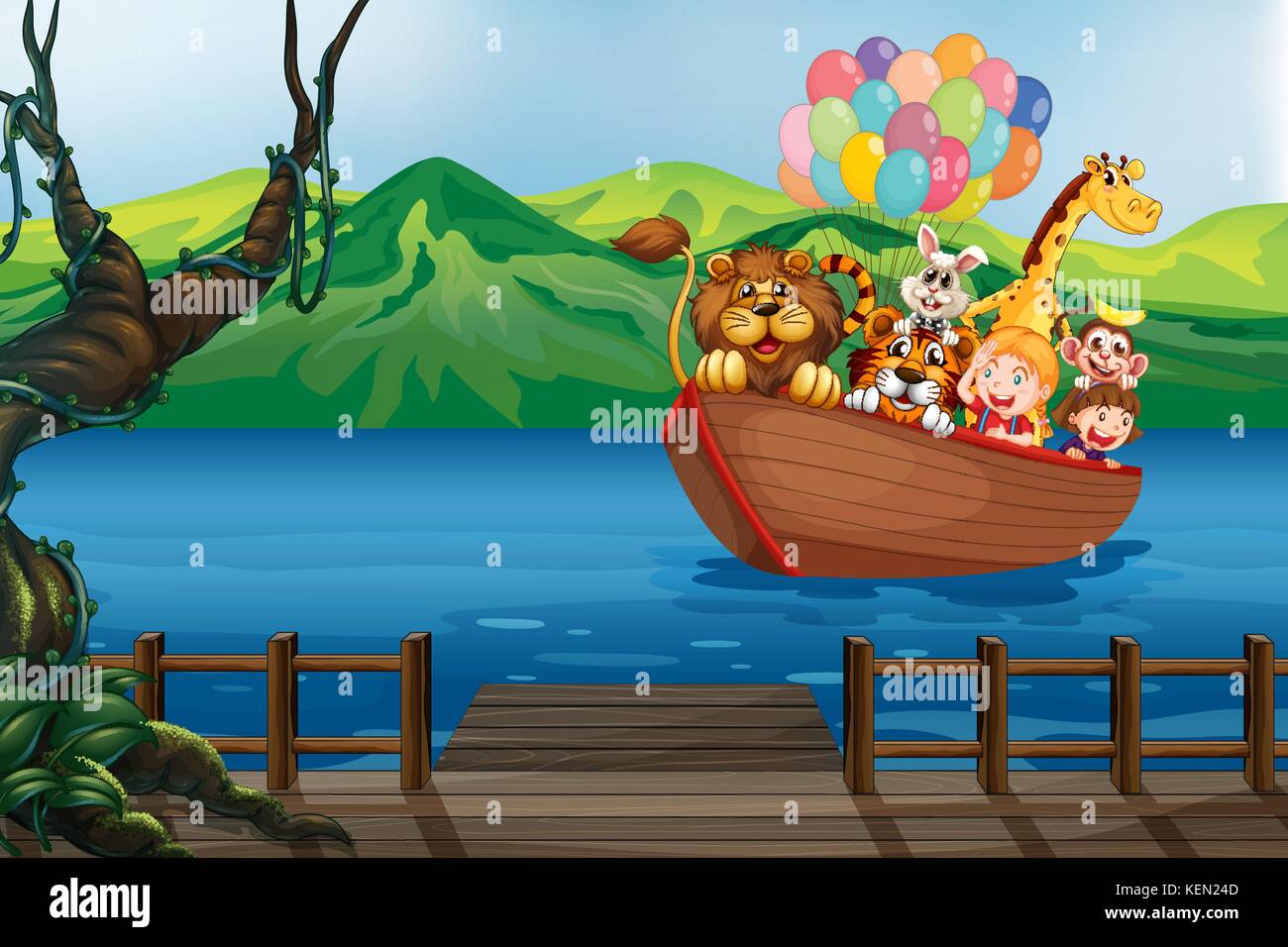 Un bateau avec des animaux aller au pont de bois Illustration de Vecteur