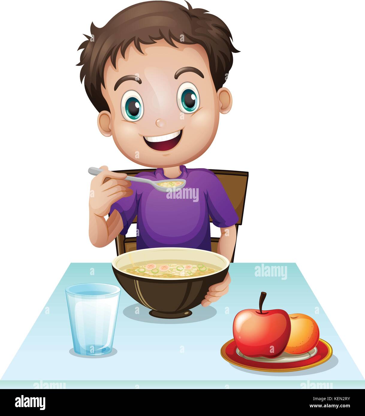 Illustration d'un garçon en train de manger son petit-déjeuner à la table  sur un fond blanc Image Vectorielle Stock - Alamy