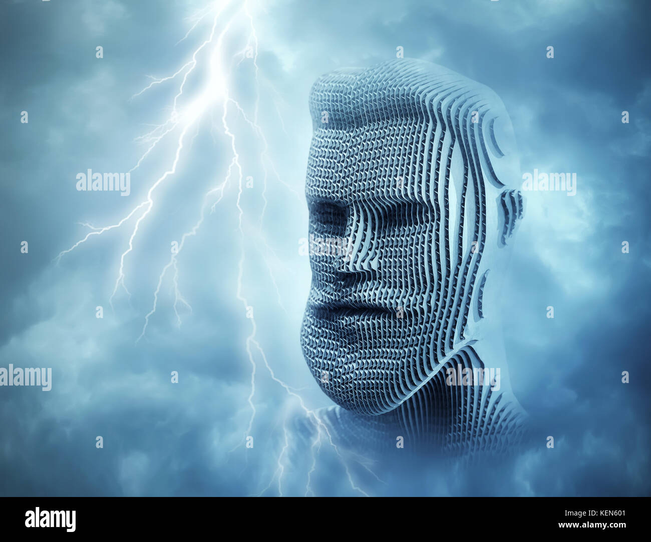 Tête d'homme en face d'éclair bleu ciel Banque D'Images