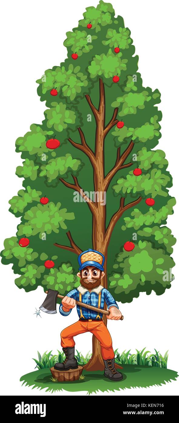 Illustration d'un bûcheron sous le grand arbre sur fond blanc Illustration de Vecteur