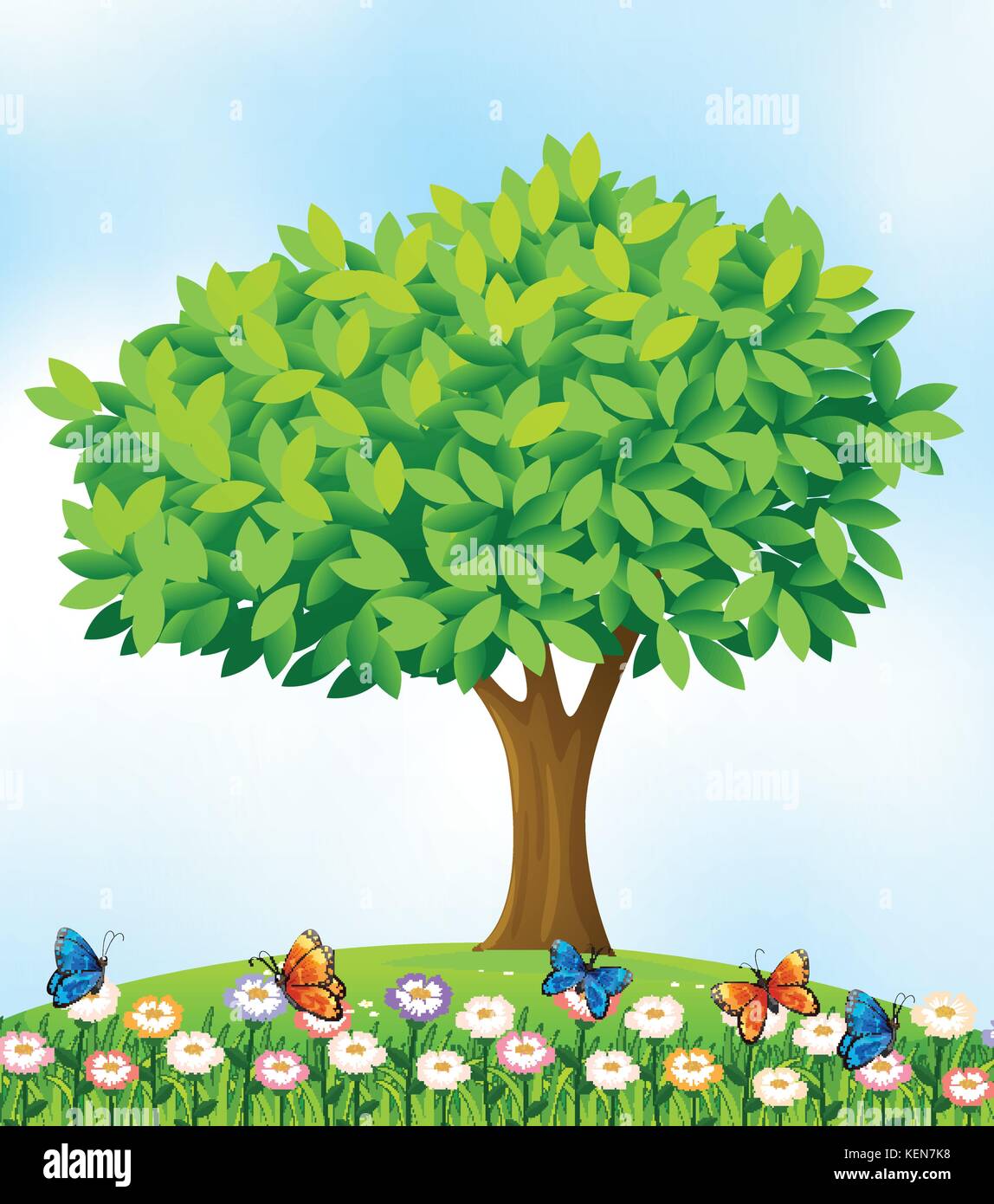 Illustration d'une scène avec arbre et papillons Illustration de Vecteur