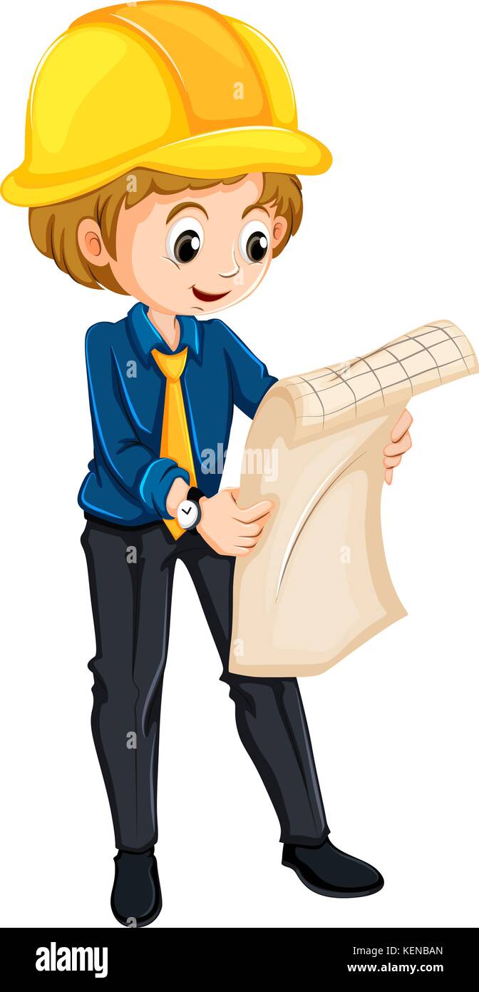 Illustration d'un ingénieur regardant son plan de croquis sur un fond blanc Illustration de Vecteur