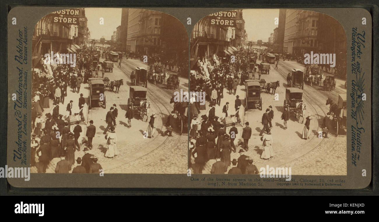 L'une des rues les plus animées du monde State Street, Chicago, Illinois (18 milles de long). Au nord de Madison Street, à partir de Robert N. Dennis collection de vues stéréoscopiques 2 Banque D'Images