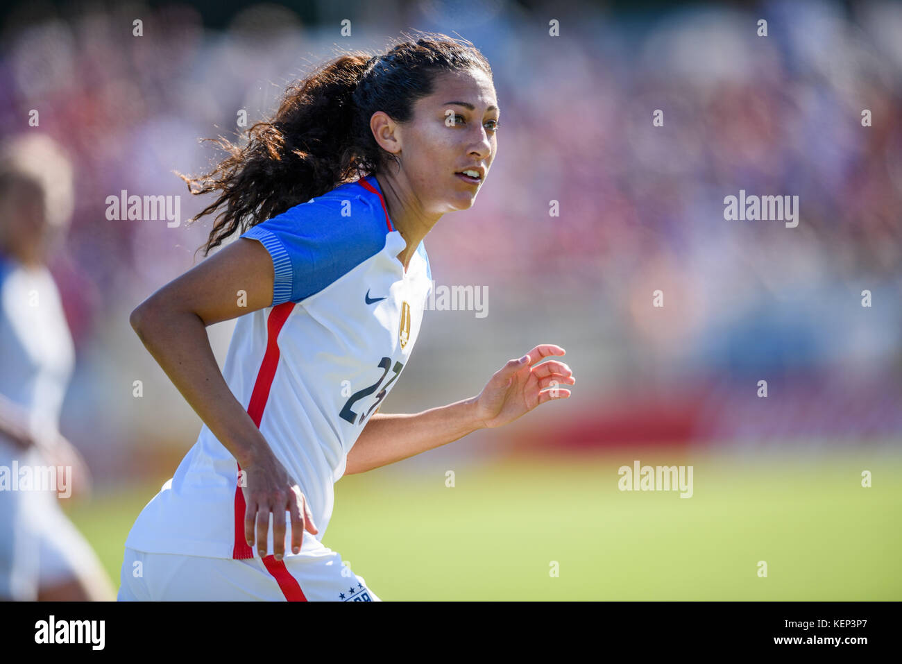 L'avant-Christen Press (23) au cours de la Women's International match de football entre la Corée et les États-Unis au WakeMed Soccer Park à Cary, NC le 22 octobre 2017. Jacob Kupferman/CSM Banque D'Images