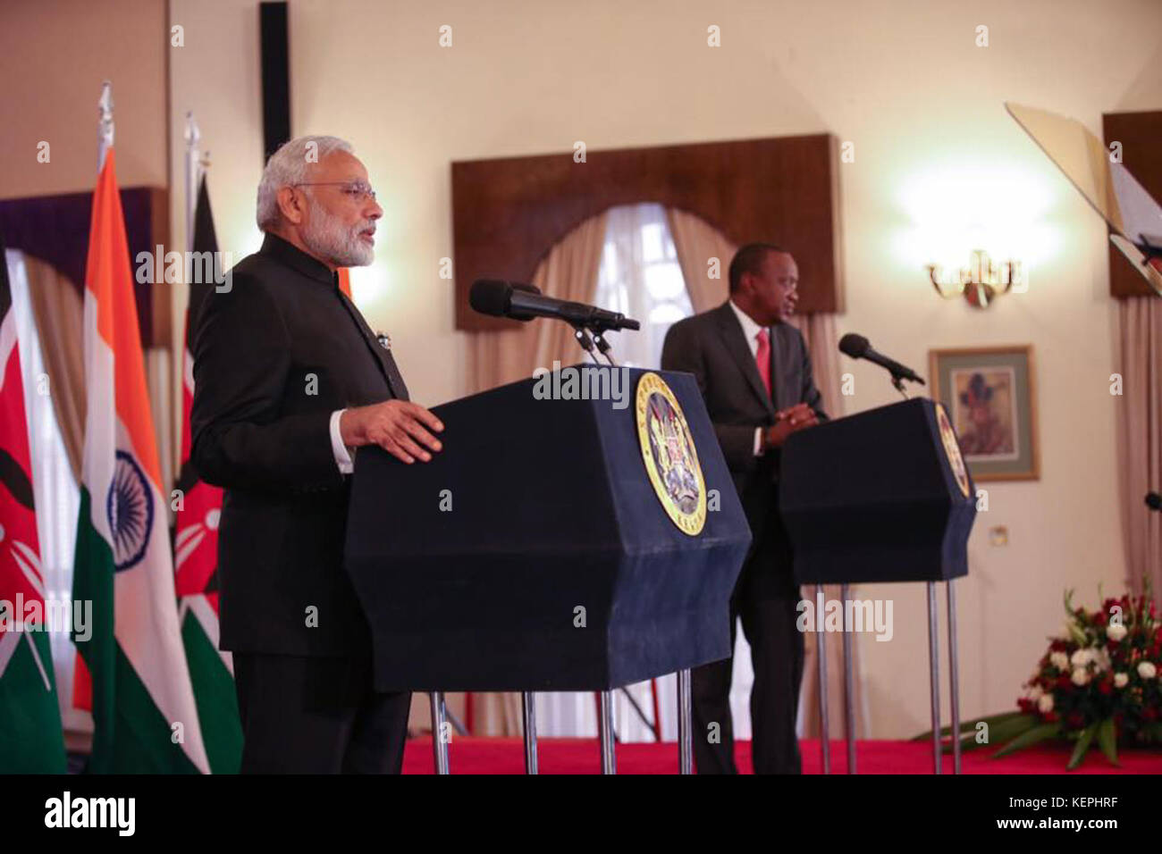 Déclaration conjointe à la presse par le Premier Ministre Narendra Modi et président Uhuru Kenyatta Banque D'Images
