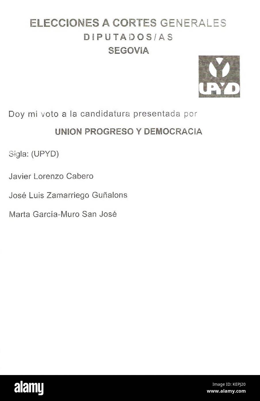 Les élections générales espagnoles de 2016 Bulletin de Segovia UPYD Banque D'Images