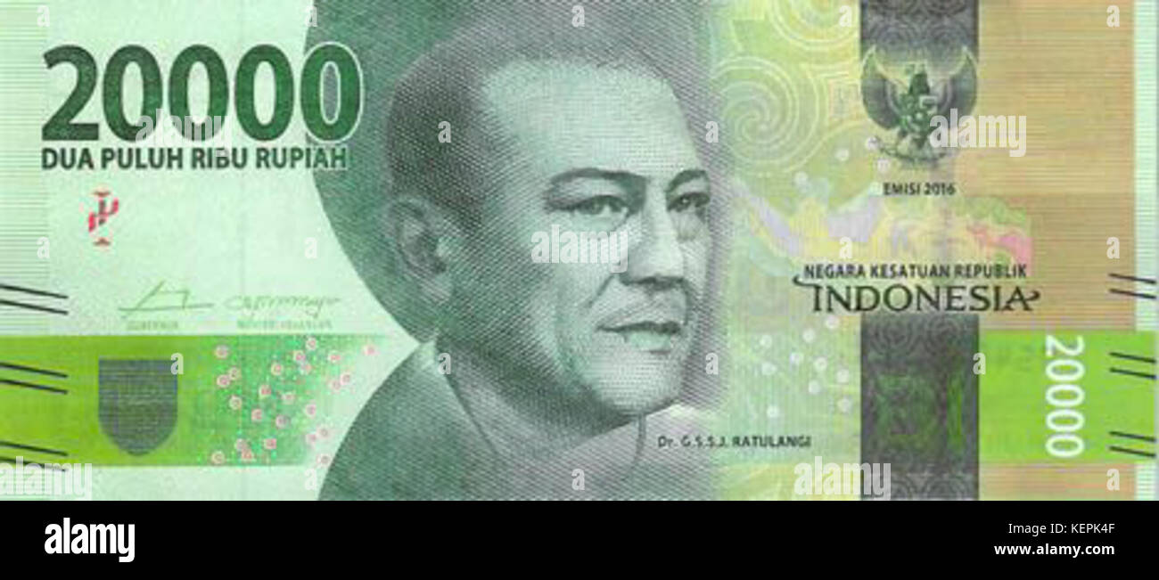 Cette image représente un billet de 20 000 roupies d'Indonésie, émis en 2016, mettant en valeur la monnaie du pays et les éléments de conception du billet de banque. Banque D'Images