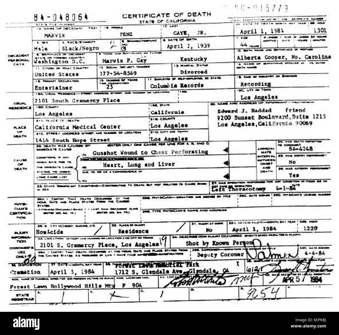 Marvin Gaye mort cert Banque D'Images