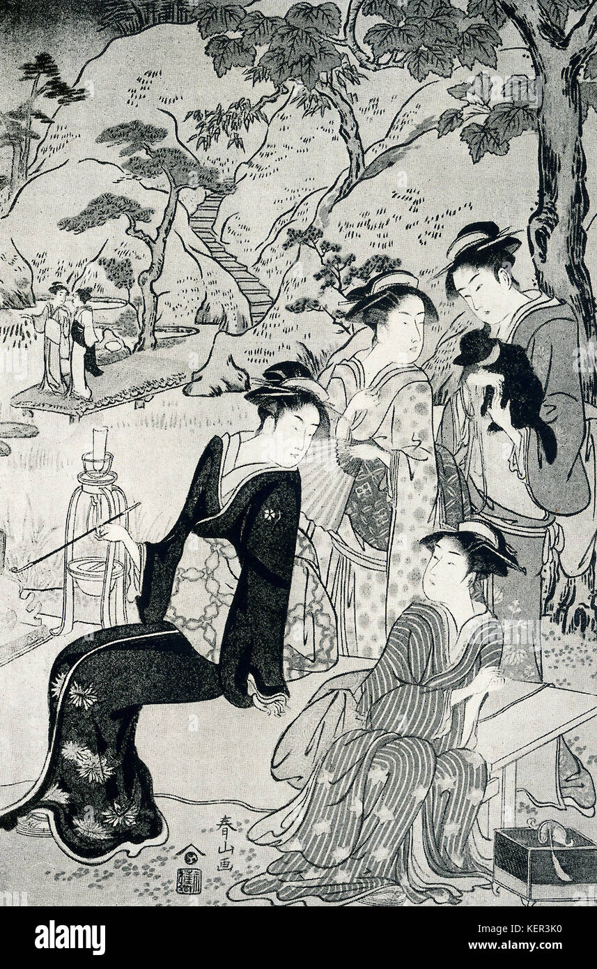 La légende de cette gravure, lit-Shunzan Centre : feuille de triptyque. Un groupe d'une femme dans un jardin d'un lac ; signé Shunzan ; éditeur, Yeijudo. Le peintre japonais Katsukawa Shunzan était active c. 1782-1798. Shunzan a été noté pour ses gravures en bois. Banque D'Images