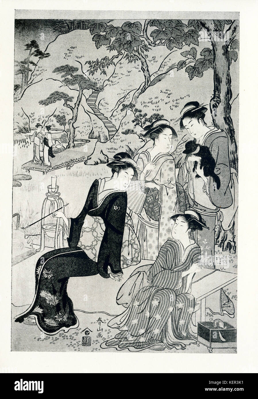 La légende de cette gravure, lit-Shunzan Centre : feuille de triptyque. Un groupe d'une femme dans un jardin d'un lac ; signé Shunzan ; éditeur, Yeijudo. Le peintre japonais Katsukawa Shunzan était active c. 1782-1798. Shunzan a été noté pour ses gravures en bois. Banque D'Images