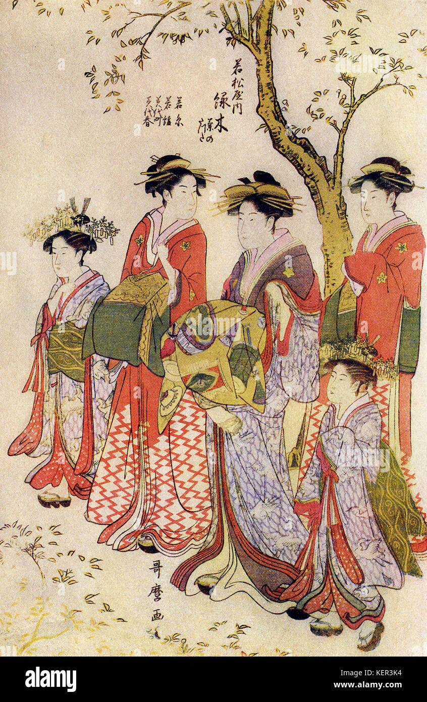 La légende de cette illustration se lit comme suit : Utamaro : Midorigi de Wakamatsu-ya sur le défilé. Kitagawa Utamaro est un artiste japonais. Il était considéré comme un maître à la fabrication de l'ukiyo-e gravures et peintures. Il a été particulièrement respecté pour sa représentation de femmes gracieuses et aussi ses bijin okubi-e. Ce dernier avait des images de belles femmes qu'il a appelé à grosse tête. 1754-1806 il a vécu. Ici la courtisane Midorigi promenades sous un cerisier en fleurs (Sakura) avec ses deux kamuro (jeunes filles qui allaient devenir les courtisanes) et deux filles (shinzo qui venait de devenir les courtisanes). Quatre shinzo sont Banque D'Images