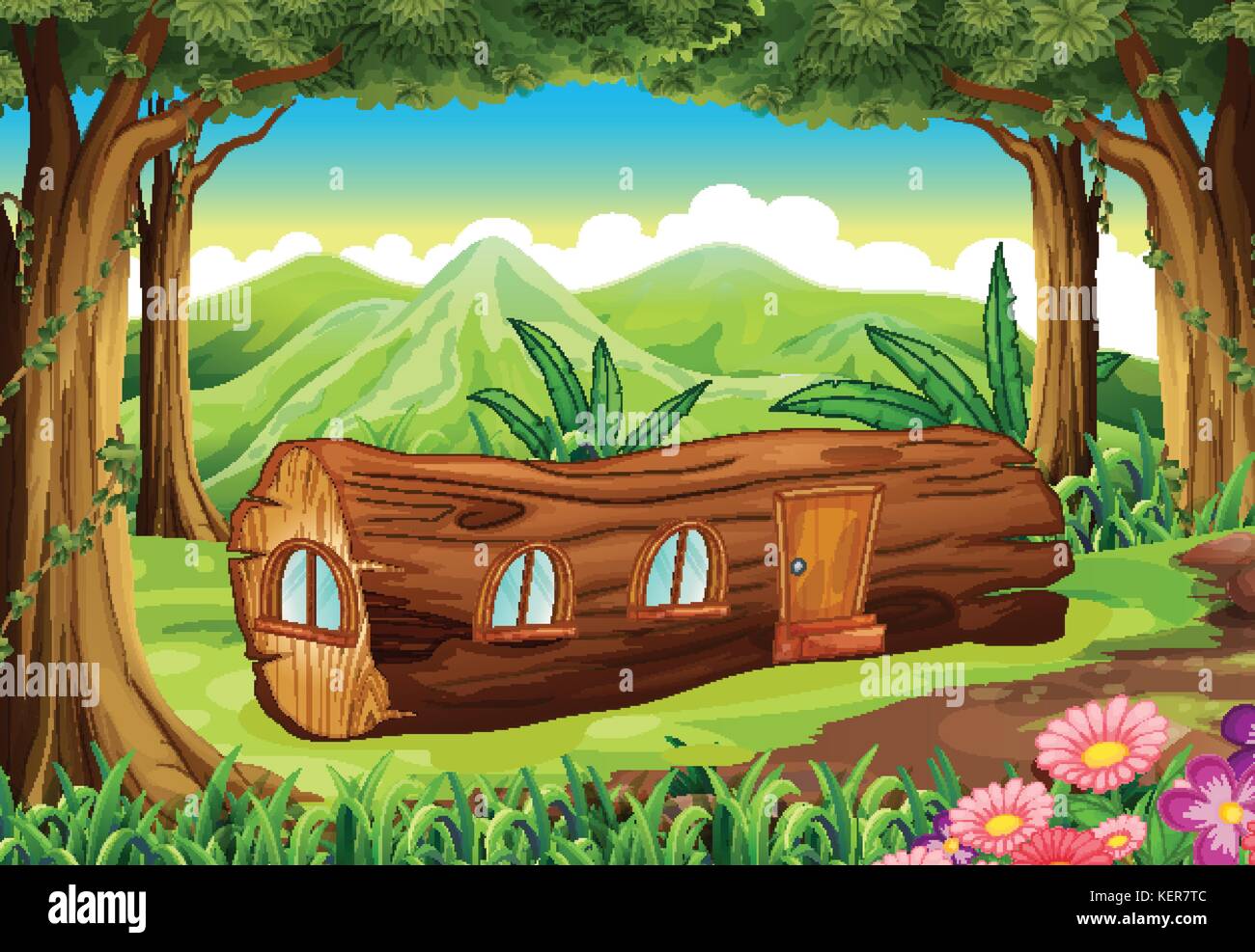 Illustration d'une forêt avec une maison en bois rond Illustration de Vecteur