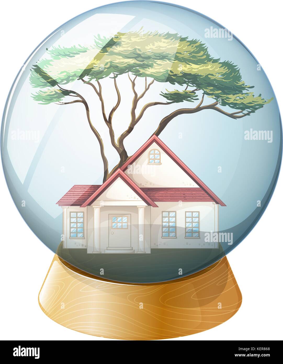 Illustration d'une boule de cristal avec une maison et un arbre à l'intérieur sur un fond blanc Illustration de Vecteur