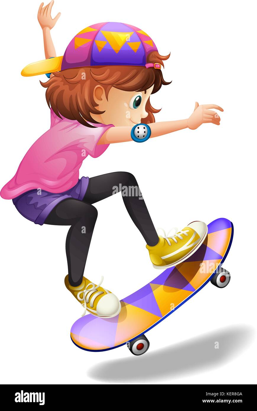 Illustration d'une jeune femme énergique skateboarding sur fond blanc Illustration de Vecteur