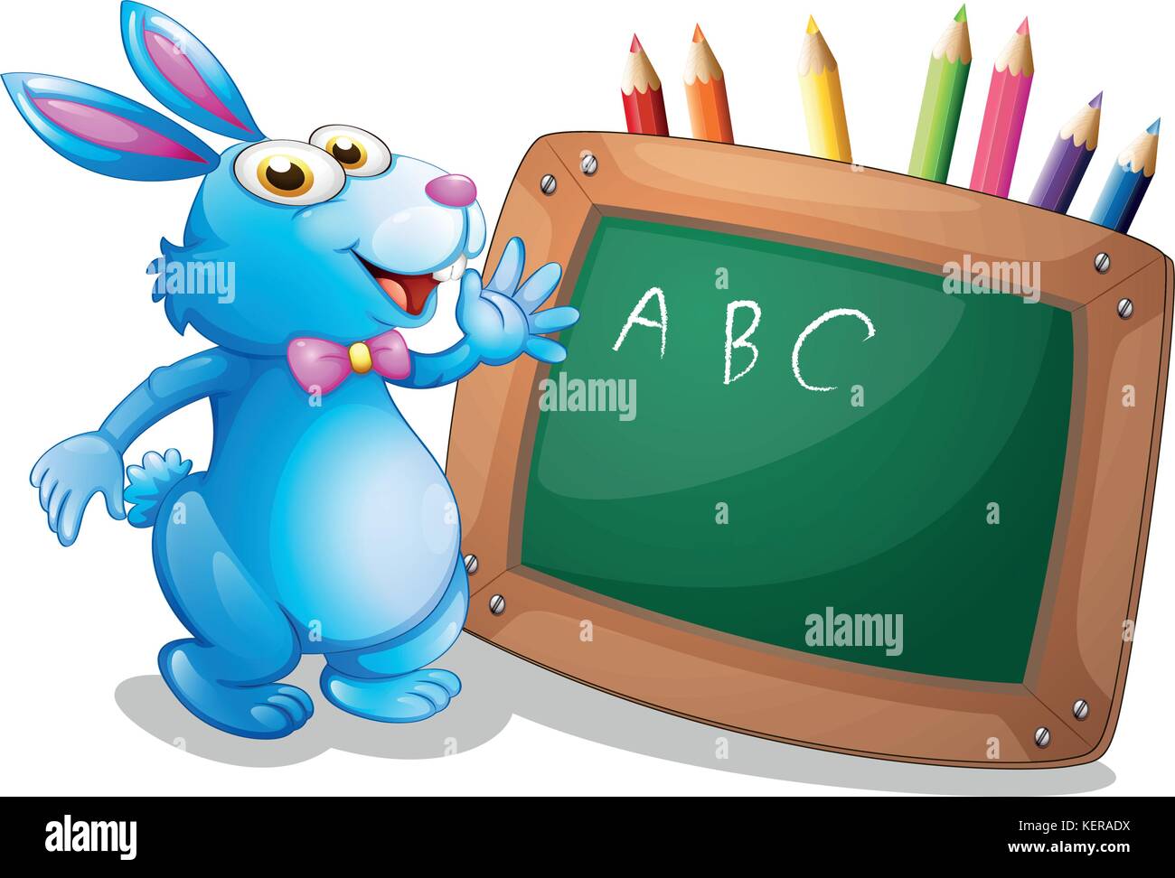 Illustration d'un lapin en face d'un tableau avec des crayons à l'arrière sur un fond blanc Illustration de Vecteur
