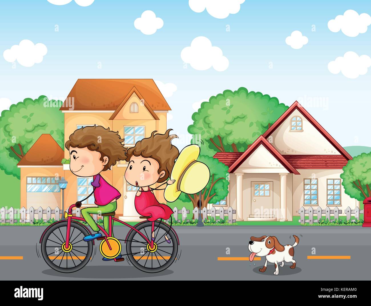 Illustration d'un garçon et une fille vtt suivi d'un chien Illustration de Vecteur