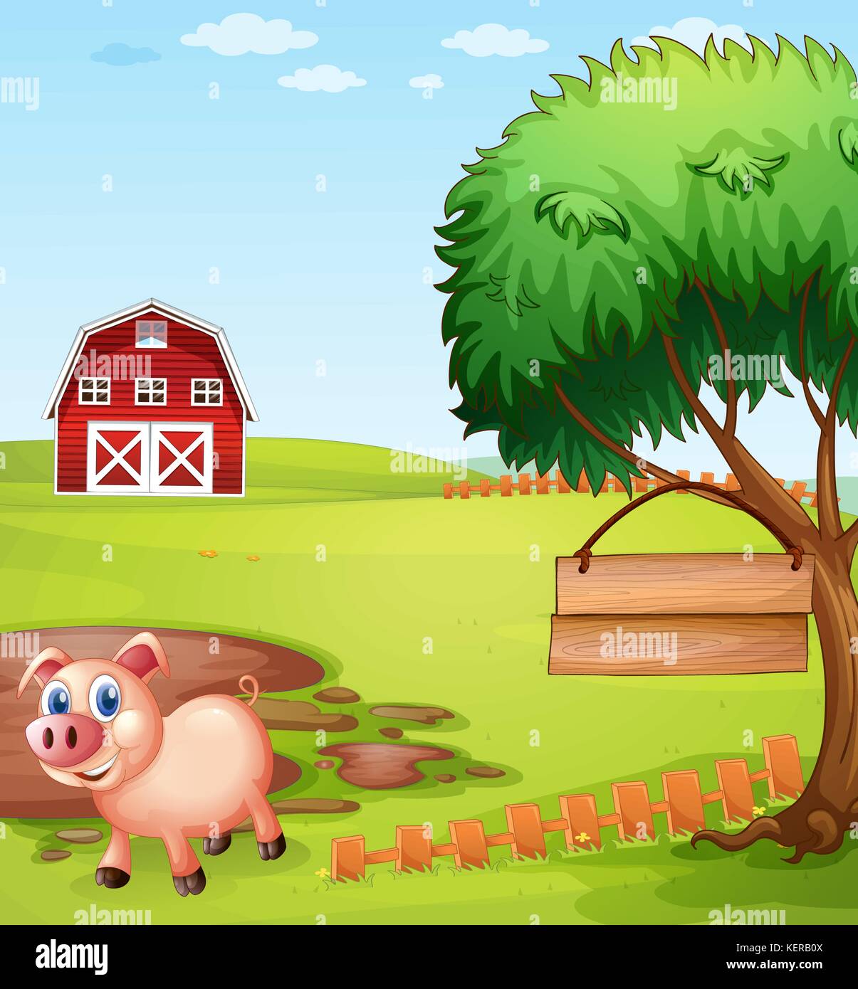 Illustration d'un cochon près de l'arbre avec une pancarte vide Illustration de Vecteur
