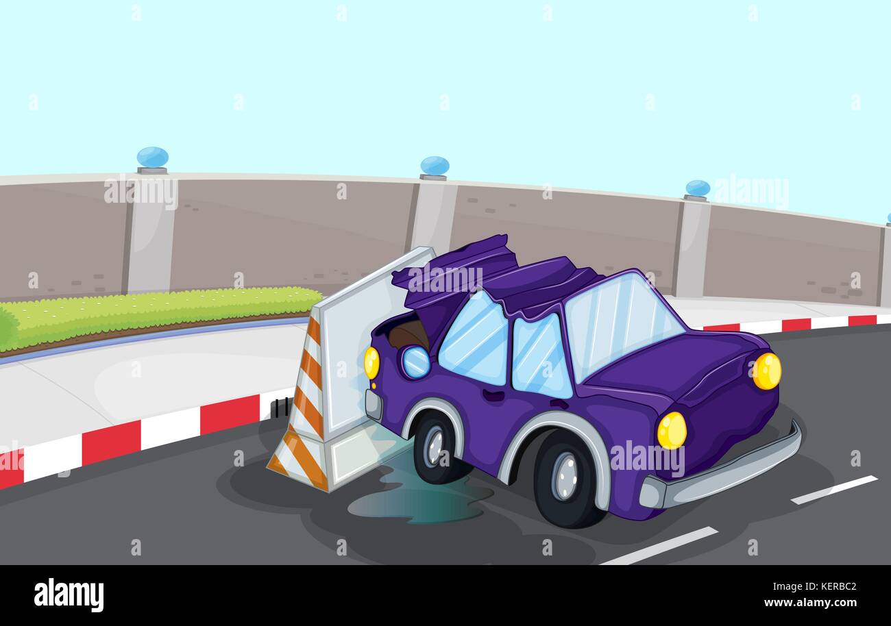 Illustration d'une voiture violette heurtant accidentellement le cône de trafic à la route Illustration de Vecteur
