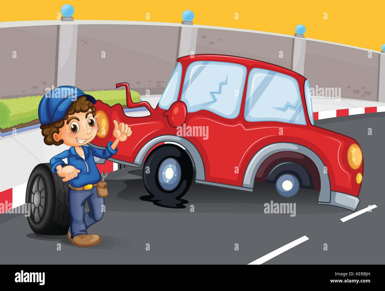 Illustration d'un garçon près de l'accident de voiture à la route Illustration de Vecteur