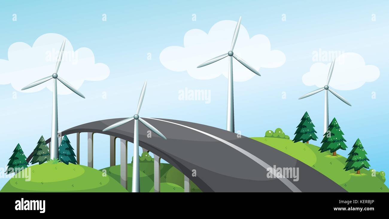 Illustration d'un pont courbe avec les moulins à vent et de pins Illustration de Vecteur