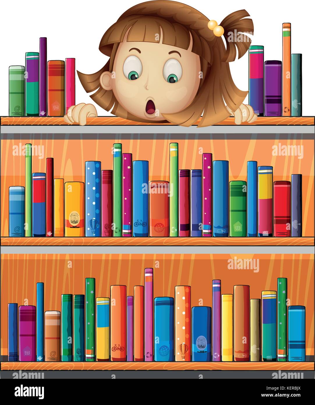 Illustration d'un choqué visage d'une jeune fille à l'arrière d'une des étagères en bois avec des livres sur un fond blanc Illustration de Vecteur